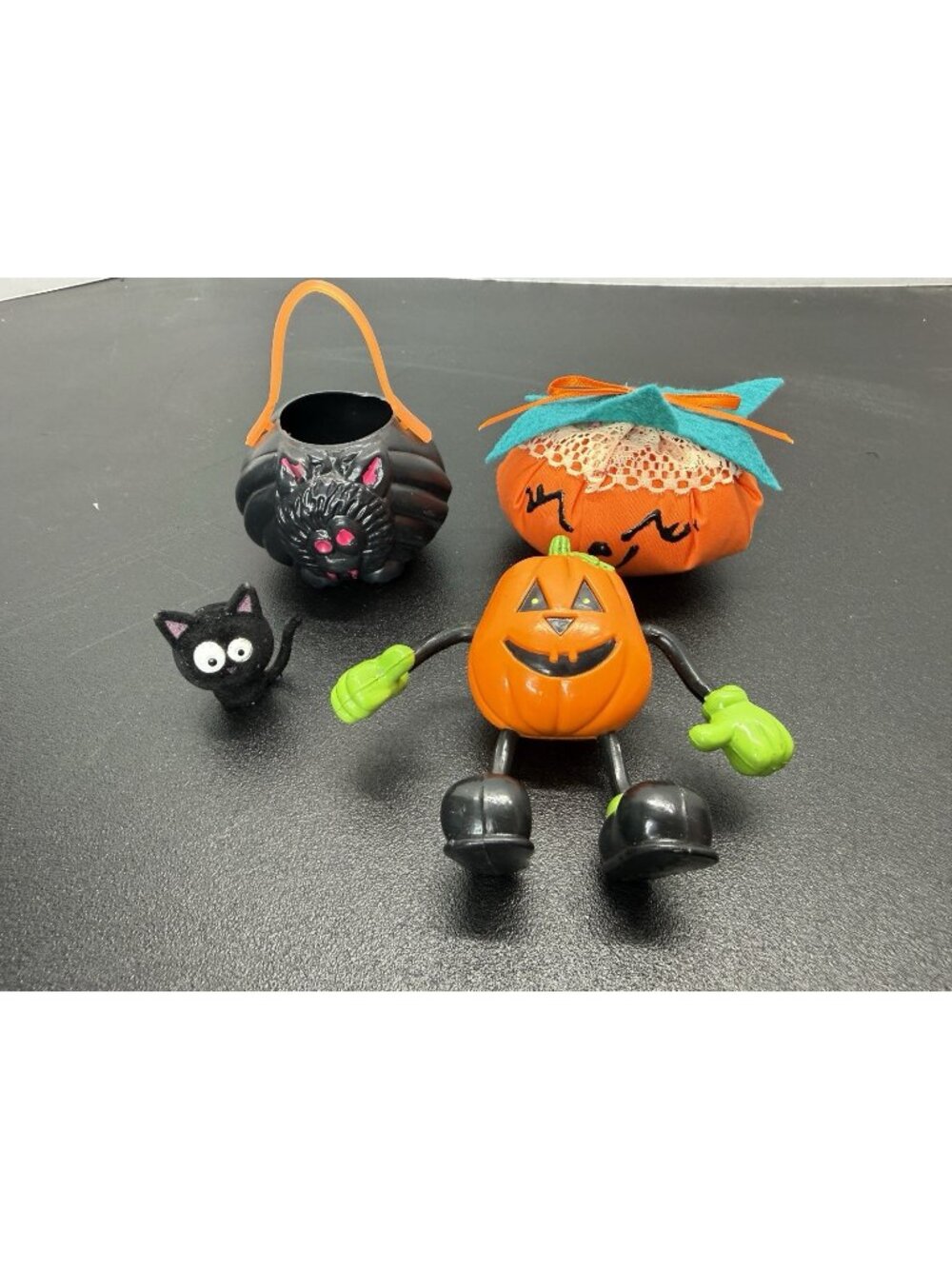 Vintage Halloween Toy Decor Lot Pumpkin Bendable Flocked Cat Plastic Bucket